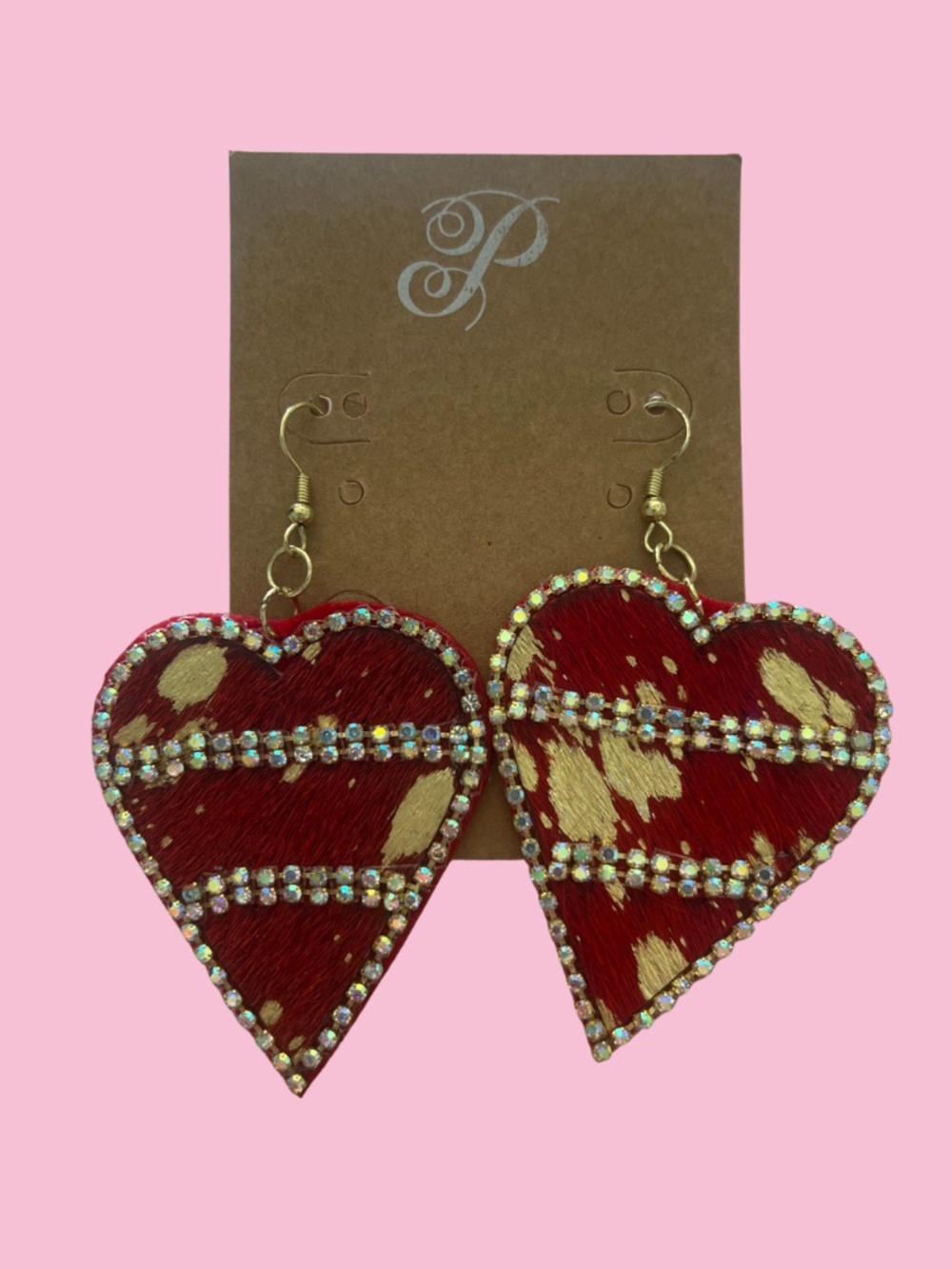 Cow Print Rhinestone Heart Earrings NWT